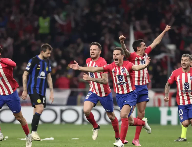 Atletico Madrid s players celebrate victory at the end of the UEFA Champions League last 16 second leg match with Inter Milan at the Metropolitano stadium in Madrid on March 13 2024 2